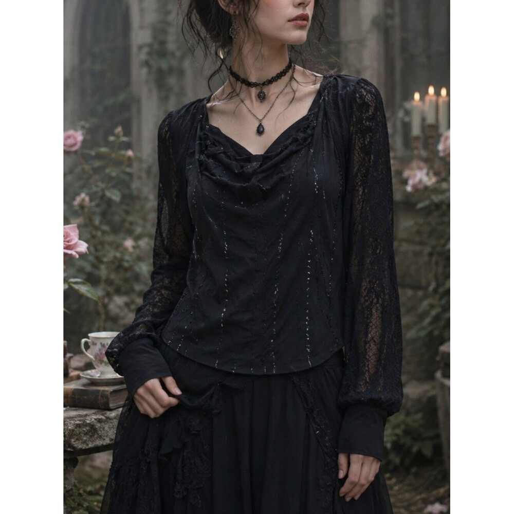 NWT Black Lace Sleeve Sequin Top M Cowl Neck Witchcore Date Night Bling Lightwei
